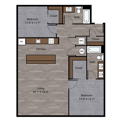 Floor plan for 2 beds, 2 baths, 1231 sqft